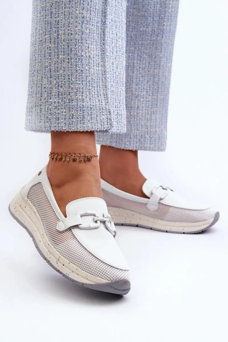 Loafersy Damskie|Mokasyny Damskie Zamszowe>Damskie buty S.Barski Damskie Skórzane Mokasyny D&A TW210 Białe Biały