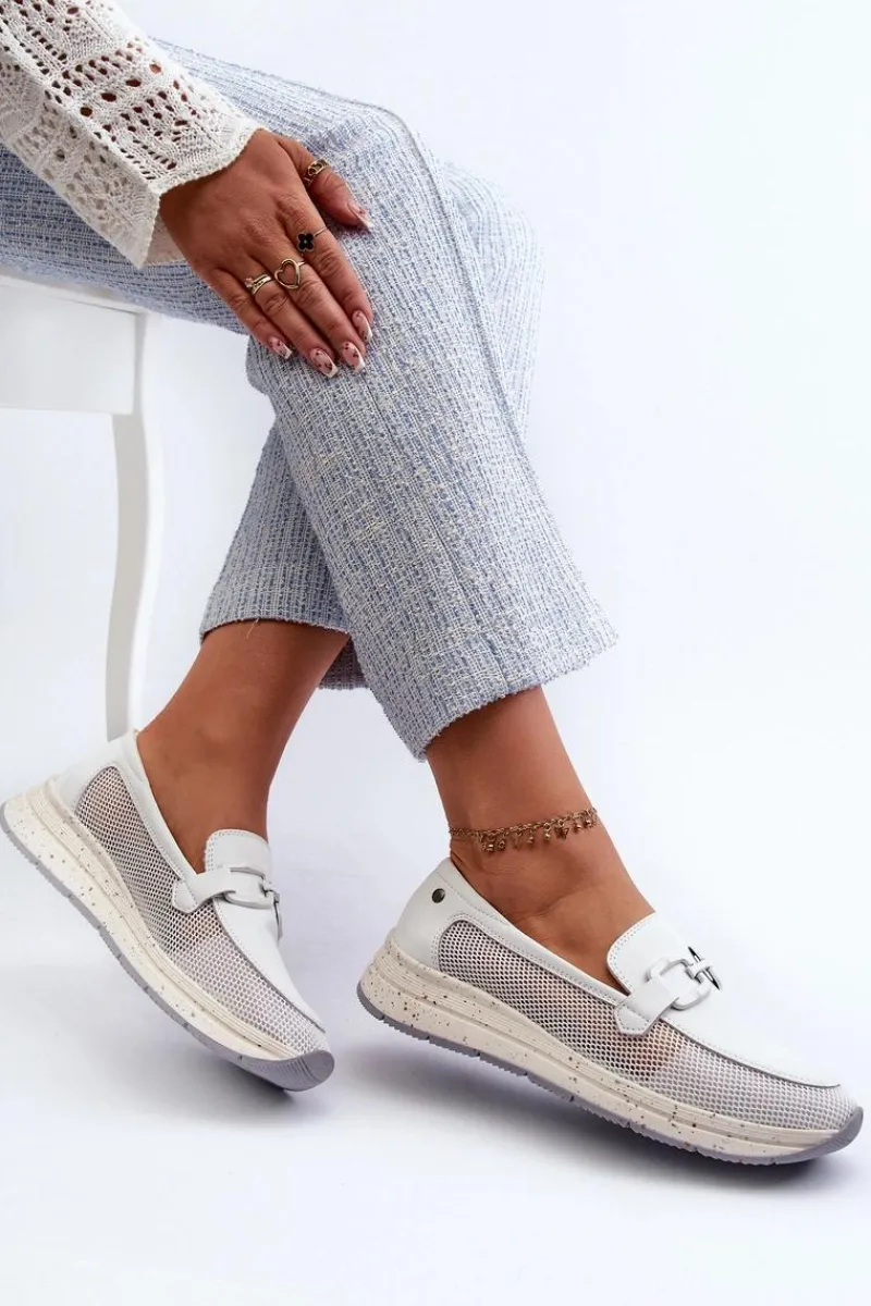 Loafersy Damskie|Mokasyny Damskie Zamszowe>Damskie buty S.Barski Damskie Skórzane Mokasyny D&A TW210 Białe Biały