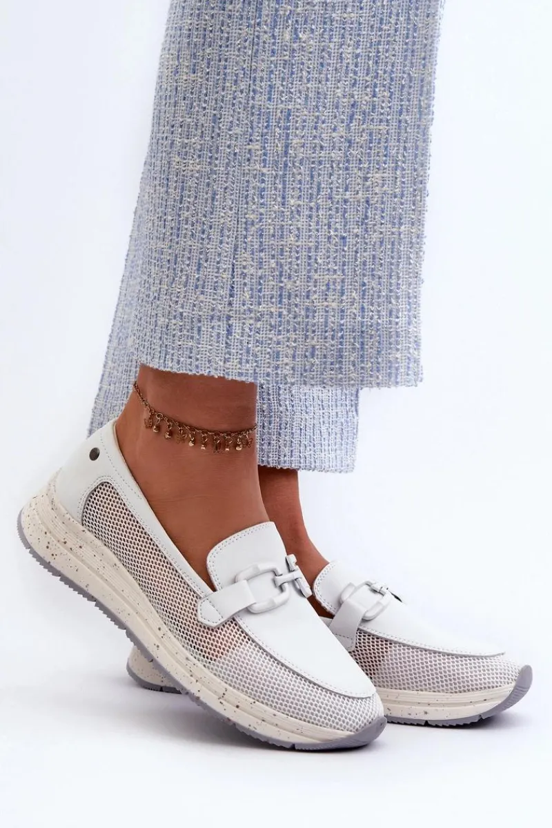 Loafersy Damskie|Mokasyny Damskie Zamszowe>Damskie buty S.Barski Damskie Skórzane Mokasyny D&A TW210 Białe Biały