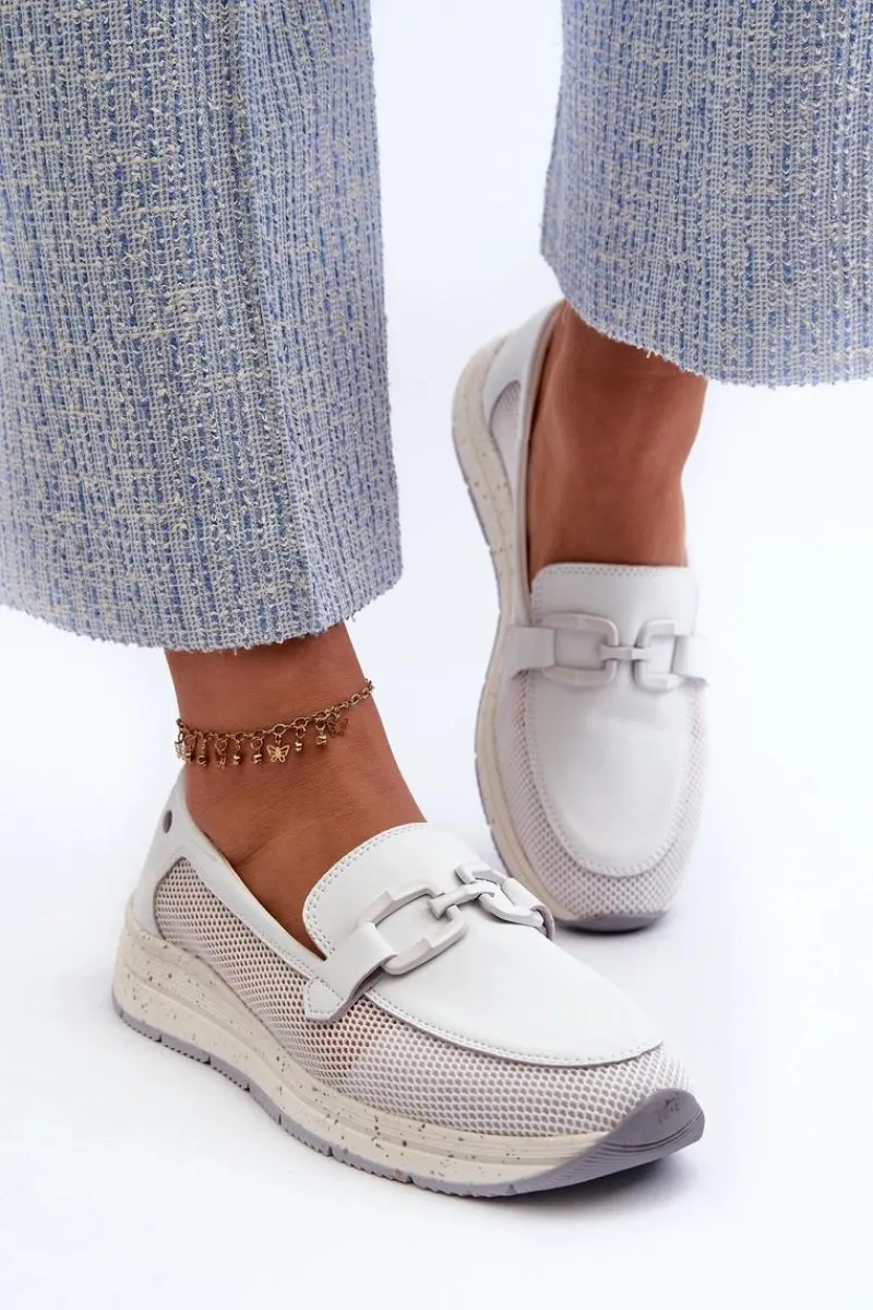 Loafersy Damskie|Mokasyny Damskie Zamszowe>Damskie buty S.Barski Damskie Skórzane Mokasyny D&A TW210 Białe Biały