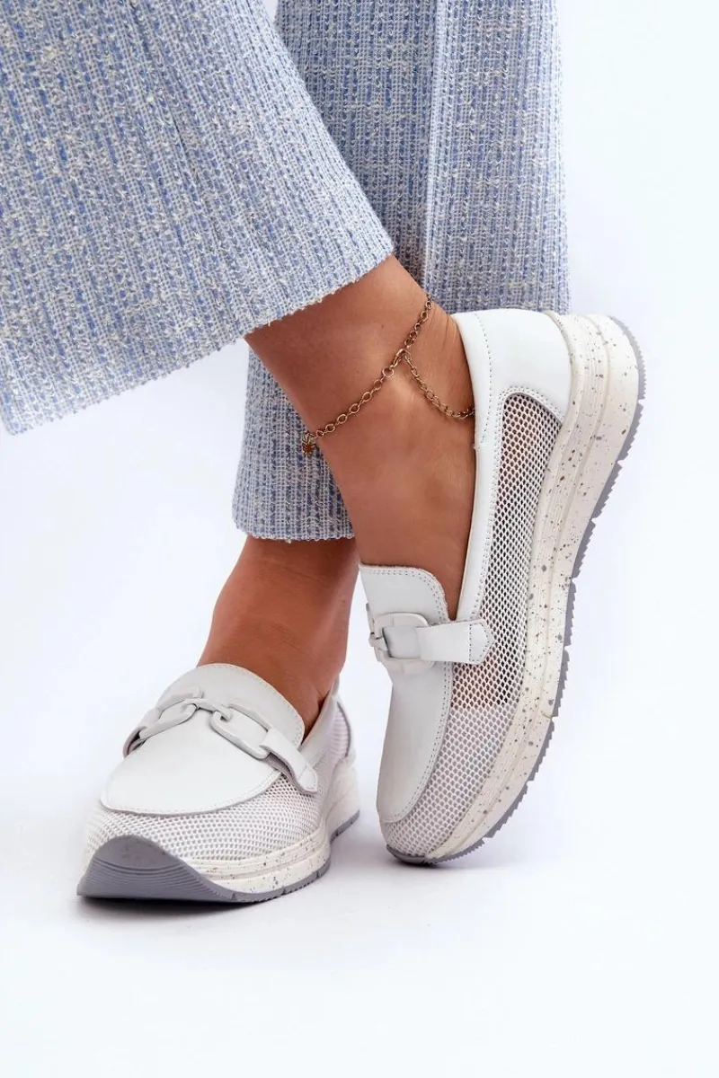 Loafersy Damskie|Mokasyny Damskie Zamszowe>Damskie buty S.Barski Damskie Skórzane Mokasyny D&A TW210 Białe Biały