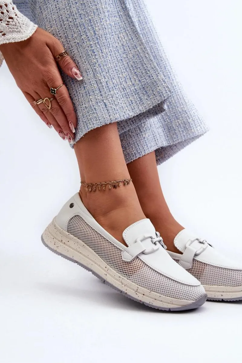 Loafersy Damskie|Mokasyny Damskie Zamszowe>Damskie buty S.Barski Damskie Skórzane Mokasyny D&A TW210 Białe Biały