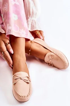 Mokasyny Damskie Skórzane>Boto Damskie Skórzane Mokasyny Z Kokardą Nude Aurila