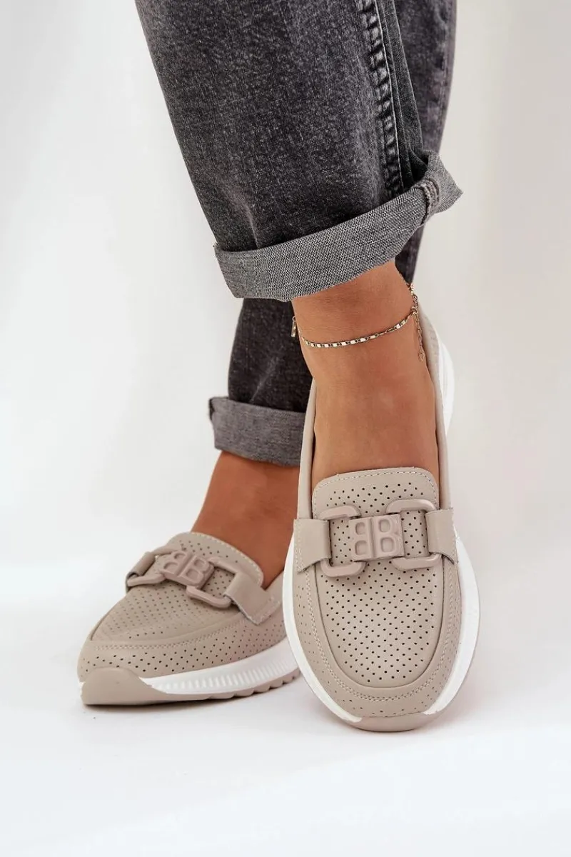 Hot Damskie buty S.Barski Damskie Skórzane Mokasyny Na Platformie S.Barski LR51-556 Beżowe Beżowy