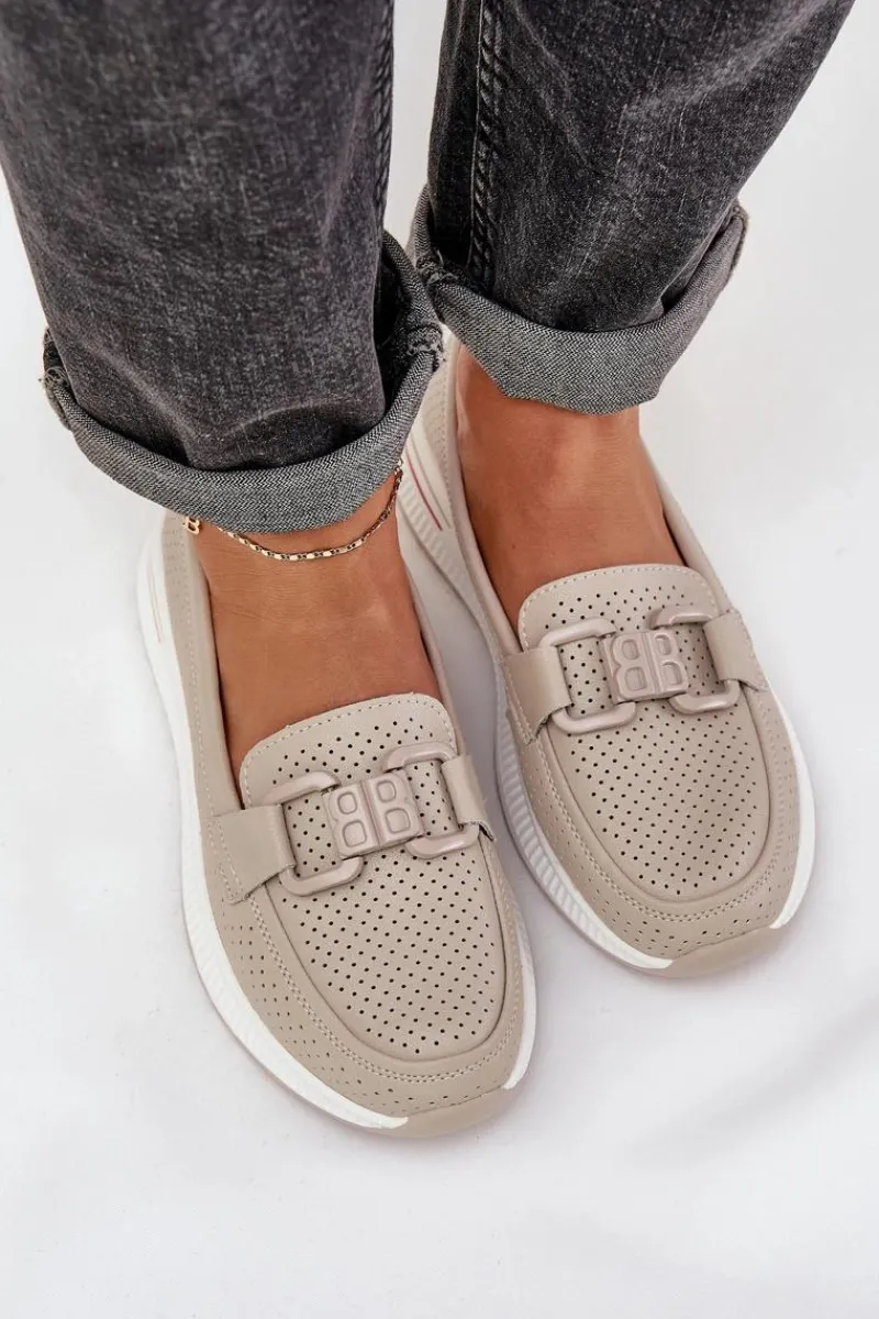 Hot Damskie buty S.Barski Damskie Skórzane Mokasyny Na Platformie S.Barski LR51-556 Beżowe Beżowy