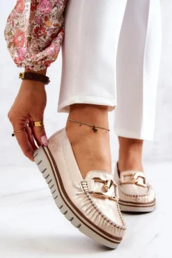 Sale Damskie Skórzane Mokasyny Na Platformie Złote Venesia Damskie Mokasyny Damskie Skórzane|Mokasyny Na Platformie