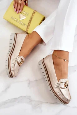 Sale Damskie Skórzane Mokasyny Na Platformie Złote Venesia Damskie Mokasyny Damskie Skórzane|Mokasyny Na Platformie