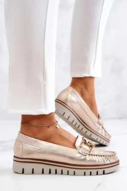 Sale Damskie Skórzane Mokasyny Na Platformie Złote Venesia Damskie Mokasyny Damskie Skórzane|Mokasyny Na Platformie