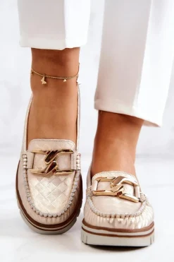 Sale Damskie Skórzane Mokasyny Na Platformie Złote Venesia Damskie Mokasyny Damskie Skórzane|Mokasyny Na Platformie