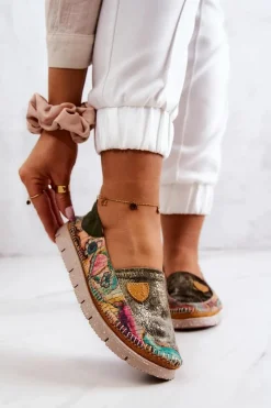 Sale Damskie Skórzane Mokasyny 05434-09 Zielone Damskie Mokasyny Damskie Skórzane