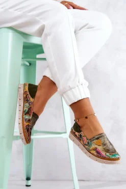 Sale Damskie Skórzane Mokasyny 05434-09 Zielone Damskie Mokasyny Damskie Skórzane