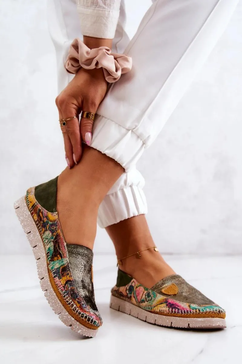 Sale Damskie Skórzane Mokasyny 05434-09 Zielone Damskie Mokasyny Damskie Skórzane