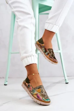 Sale Damskie Skórzane Mokasyny 05434-09 Zielone Damskie Mokasyny Damskie Skórzane