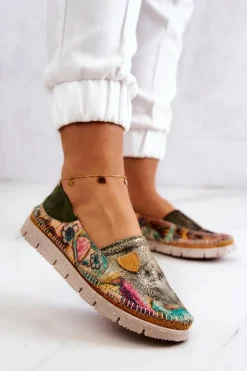 Sale Damskie Skórzane Mokasyny 05434-09 Zielone Damskie Mokasyny Damskie Skórzane