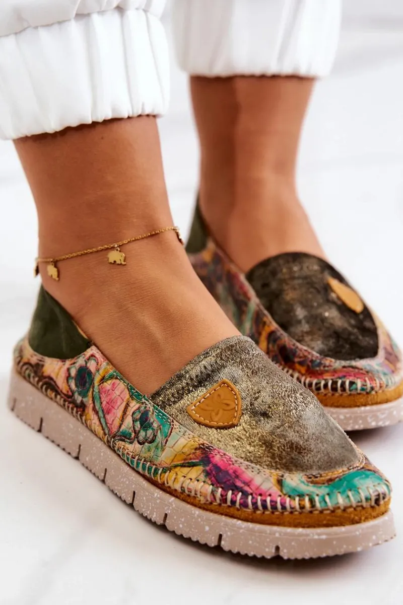 Sale Damskie Skórzane Mokasyny 05434-09 Zielone Damskie Mokasyny Damskie Skórzane