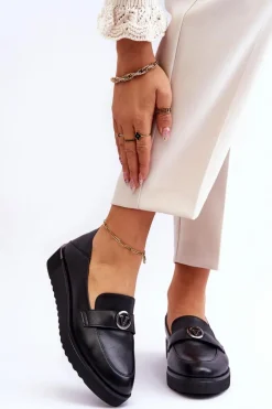 Mokasyny Damskie Skórzane>Buty damskie Vinceza Damskie Skórzane Mokasyny Na Niskim Koturnie Czarne Synthia