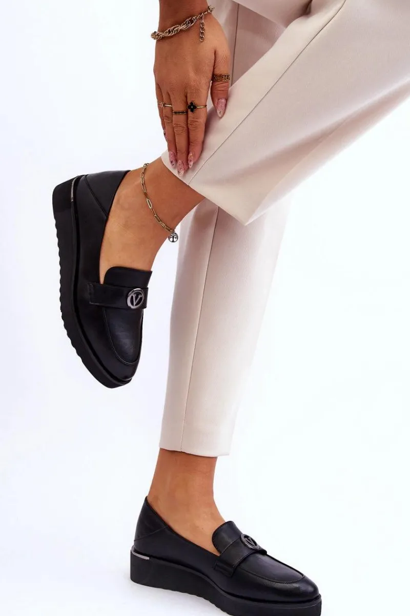 Mokasyny Damskie Skórzane>Buty damskie Vinceza Damskie Skórzane Mokasyny Na Niskim Koturnie Czarne Synthia