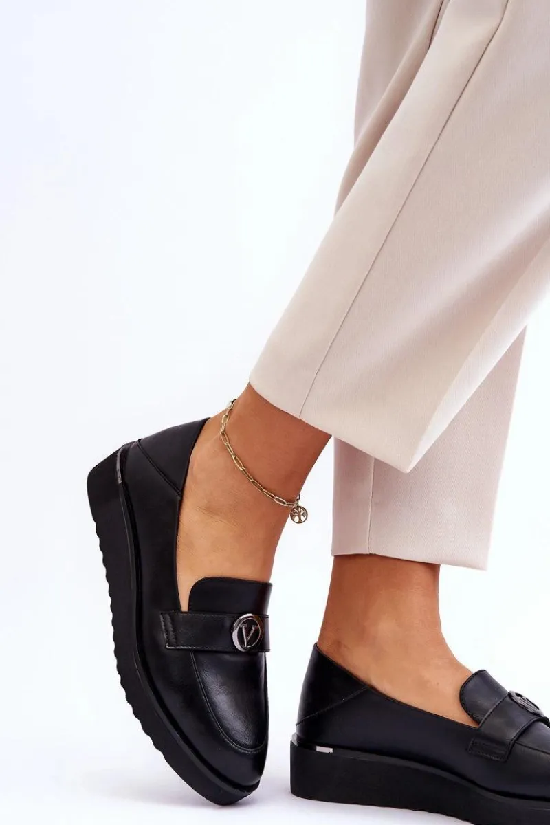 Mokasyny Damskie Skórzane>Buty damskie Vinceza Damskie Skórzane Mokasyny Na Niskim Koturnie Czarne Synthia