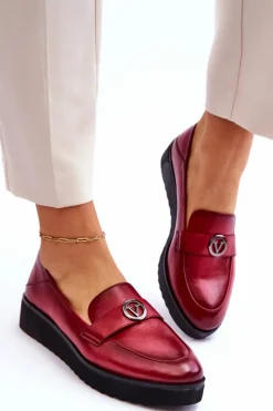 Hot Damskie Skórzane Mokasyny Na Niskim Koturnie Czerwone Synthia Damskie Mokasyny Damskie Skórzane