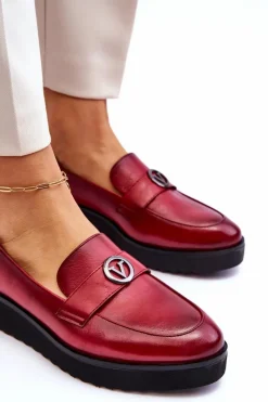 Hot Damskie Skórzane Mokasyny Na Niskim Koturnie Czerwone Synthia Damskie Mokasyny Damskie Skórzane