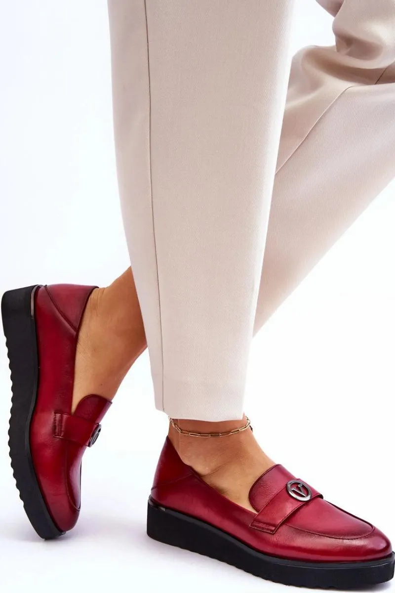 Hot Damskie Skórzane Mokasyny Na Niskim Koturnie Czerwone Synthia Damskie Mokasyny Damskie Skórzane