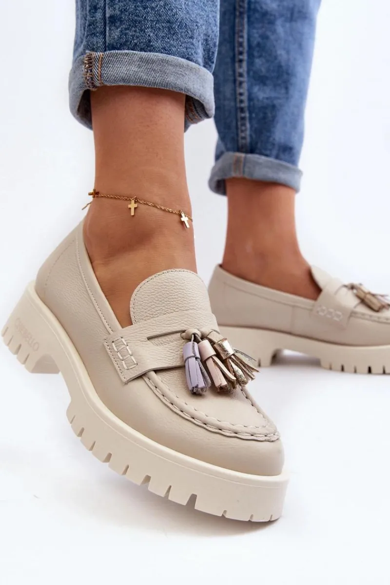 Mokasyny Damskie Skórzane>CheBello Damskie Skórzane Mokasyny Z Frędzlami 3096 Beżowe