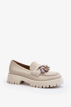 Mokasyny Damskie Skórzane>CheBello Damskie Skórzane Mokasyny Z Frędzlami 3096 Beżowe