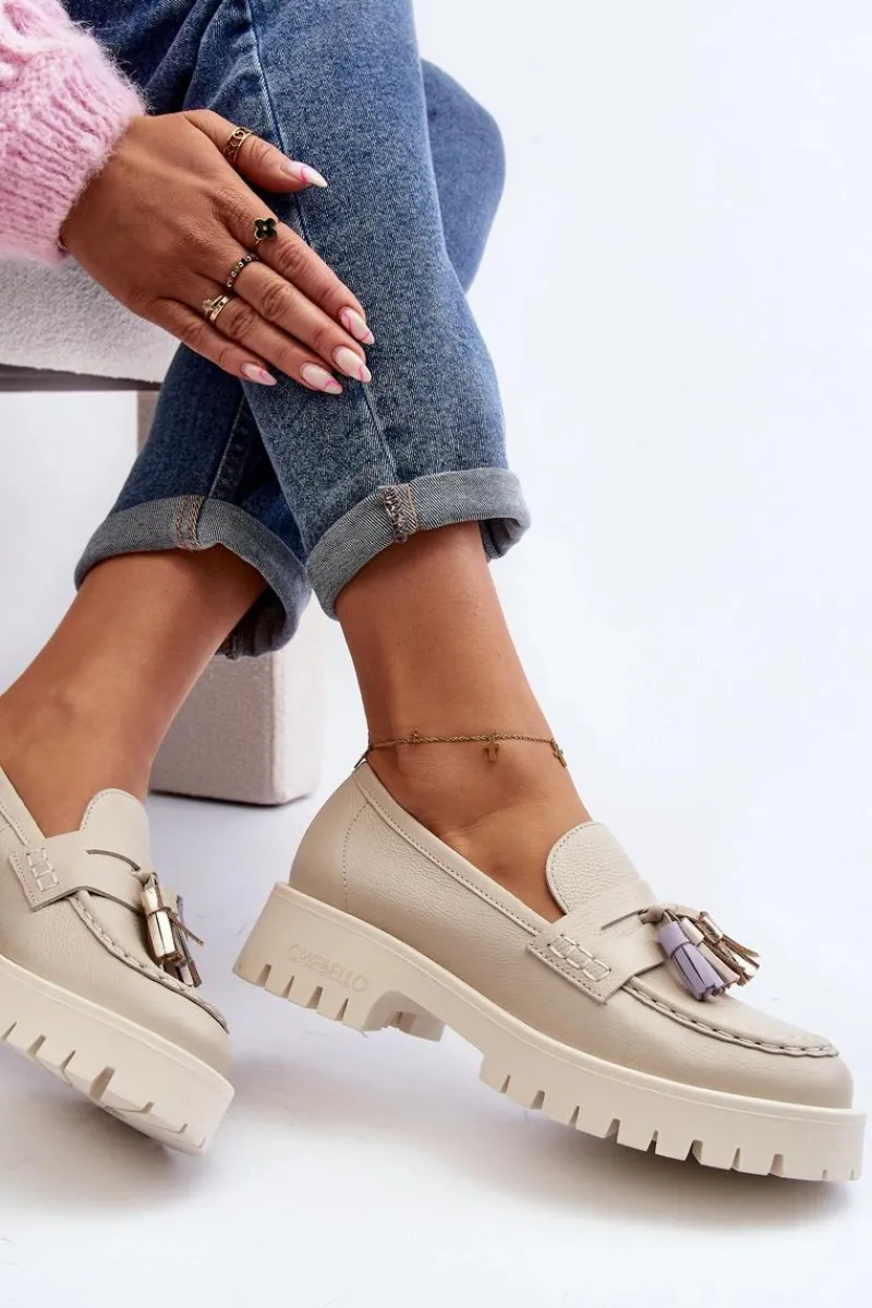 Mokasyny Damskie Skórzane>CheBello Damskie Skórzane Mokasyny Z Frędzlami 3096 Beżowe