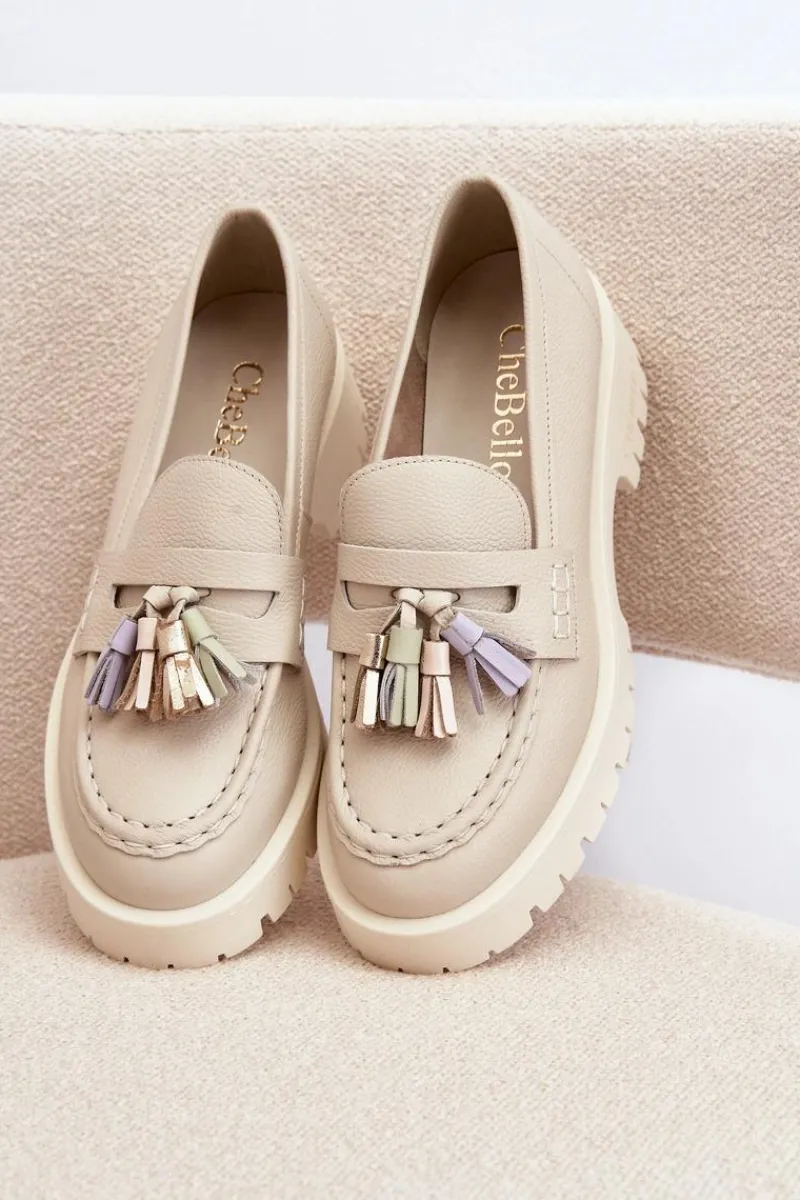 Mokasyny Damskie Skórzane>CheBello Damskie Skórzane Mokasyny Z Frędzlami 3096 Beżowe