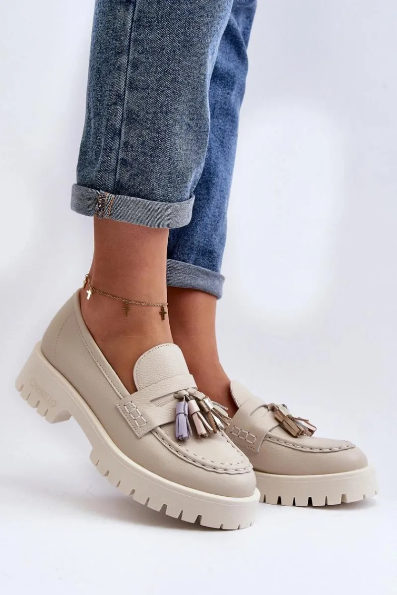 Mokasyny Damskie Skórzane>CheBello Damskie Skórzane Mokasyny Z Frędzlami 3096 Beżowe