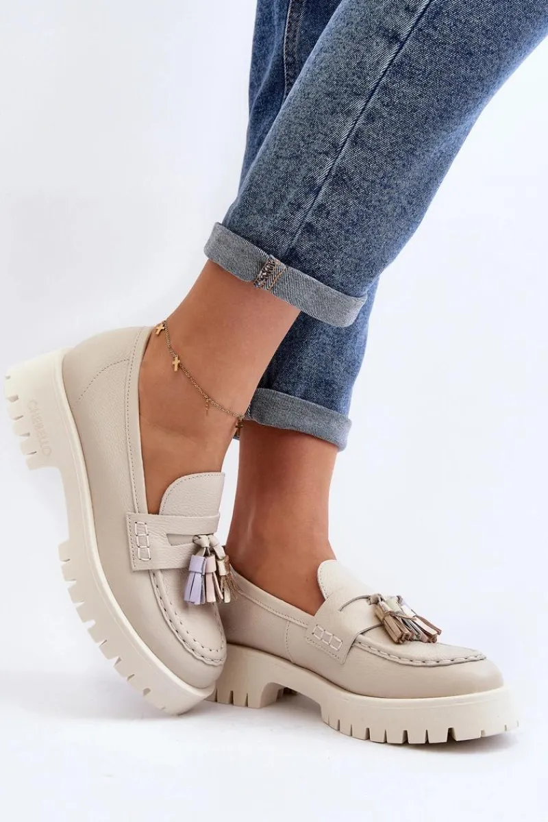 Mokasyny Damskie Skórzane>CheBello Damskie Skórzane Mokasyny Z Frędzlami 3096 Beżowe