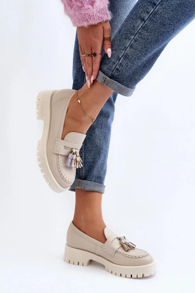 Mokasyny Damskie Skórzane>CheBello Damskie Skórzane Mokasyny Z Frędzlami 3096 Beżowe