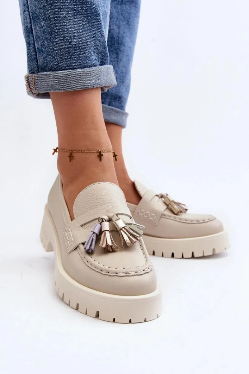 Mokasyny Damskie Skórzane>CheBello Damskie Skórzane Mokasyny Z Frędzlami 3096 Beżowe