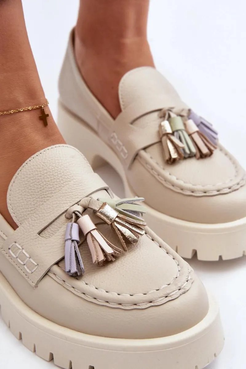 Mokasyny Damskie Skórzane>CheBello Damskie Skórzane Mokasyny Z Frędzlami 3096 Beżowe