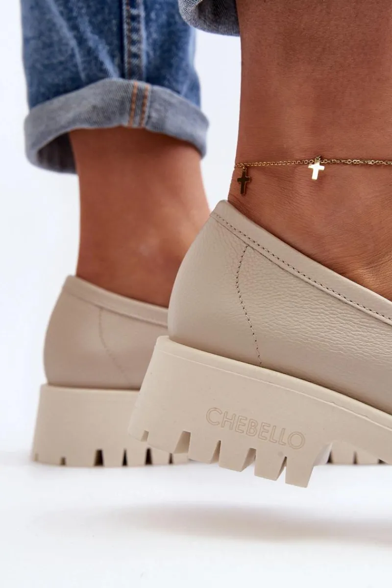 Mokasyny Damskie Skórzane>CheBello Damskie Skórzane Mokasyny Z Frędzlami 3096 Beżowe