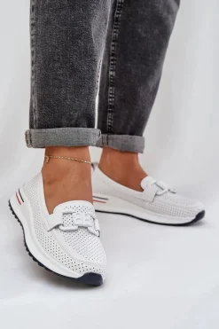 Hot Damskie Skórzane Mokasyny Na Platformie S.Barski LR51-556 Białe Damskie Loafersy Damskie|Mokasyny Damskie Skórzane