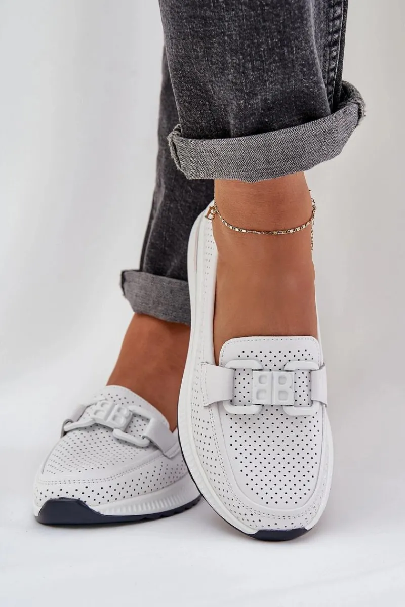 Hot Damskie Skórzane Mokasyny Na Platformie S.Barski LR51-556 Białe Damskie Loafersy Damskie|Mokasyny Damskie Skórzane