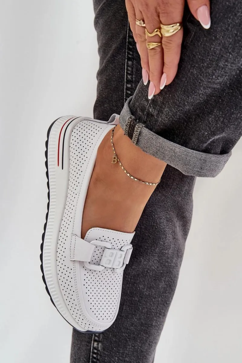 Hot Damskie Skórzane Mokasyny Na Platformie S.Barski LR51-556 Białe Damskie Loafersy Damskie|Mokasyny Damskie Skórzane