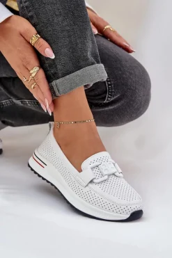 Hot Damskie Skórzane Mokasyny Na Platformie S.Barski LR51-556 Białe Damskie Loafersy Damskie|Mokasyny Damskie Skórzane