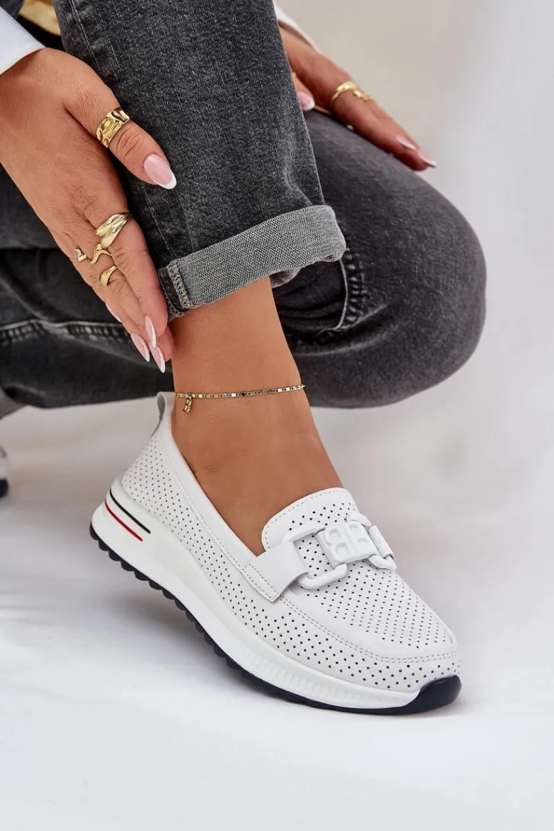 Hot Damskie Skórzane Mokasyny Na Platformie S.Barski LR51-556 Białe Damskie Loafersy Damskie|Mokasyny Damskie Skórzane