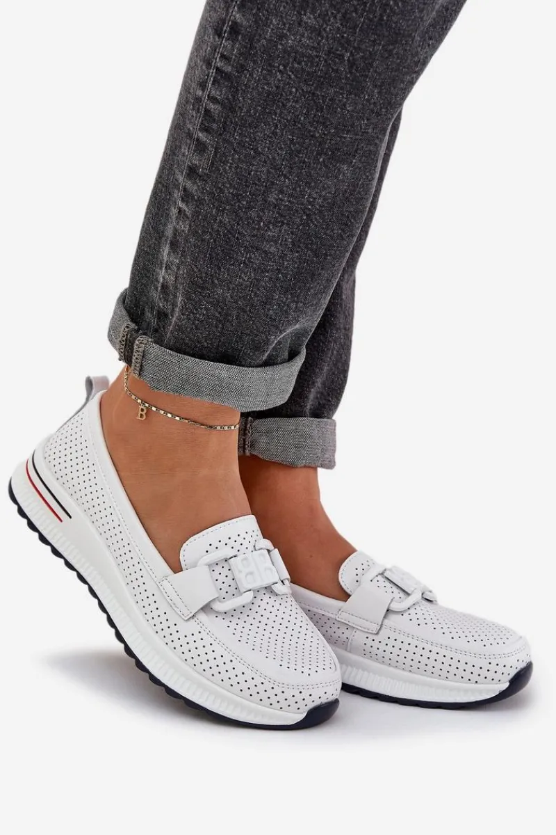 Hot Damskie Skórzane Mokasyny Na Platformie S.Barski LR51-556 Białe Damskie Loafersy Damskie|Mokasyny Damskie Skórzane