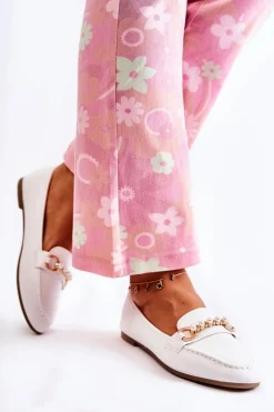 Mokasyny Damskie Skórzane>Boto Damskie Skórzane Mokasyny Z Ozdobnymi Perłami Białe Sergia