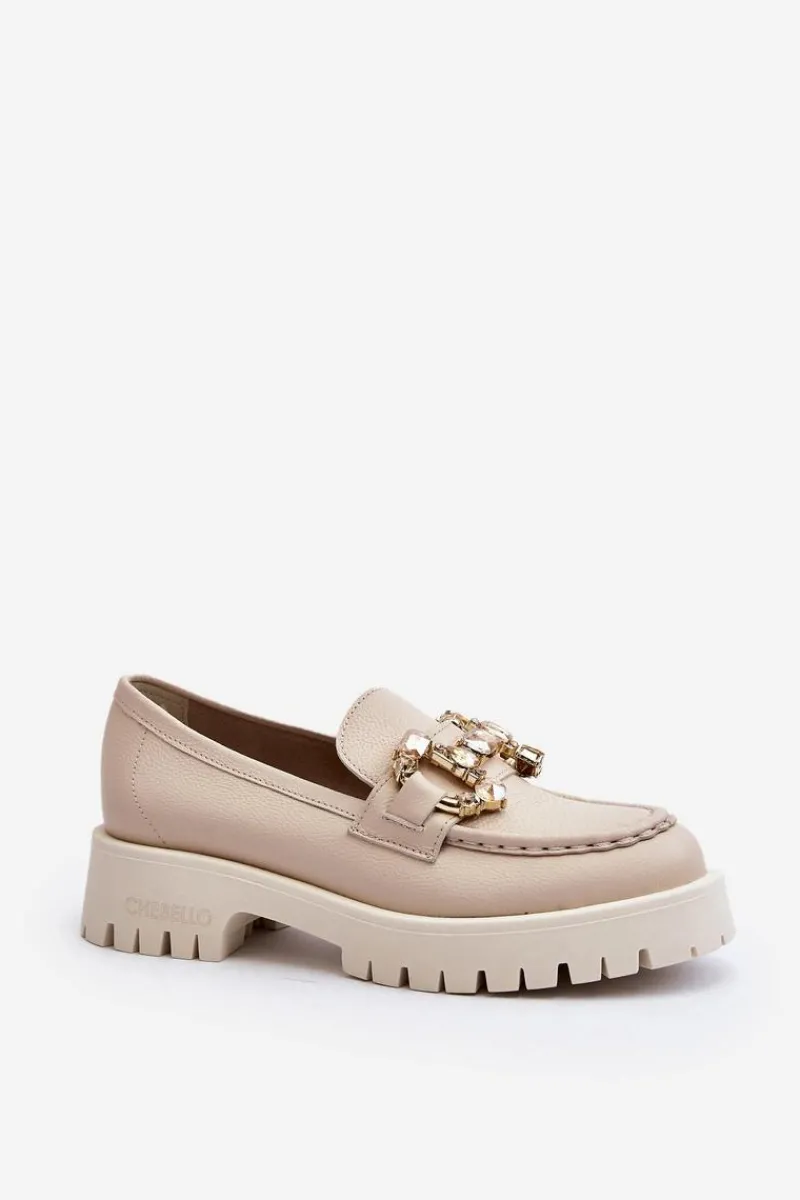 Clearance CheBello Damskie Skórzane Mokasyny Z Ozdobą 4369 Beżowe