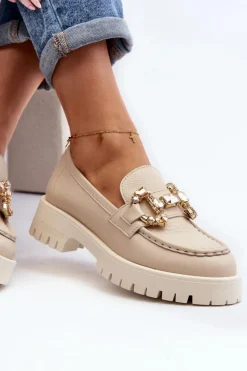 Clearance CheBello Damskie Skórzane Mokasyny Z Ozdobą 4369 Beżowe