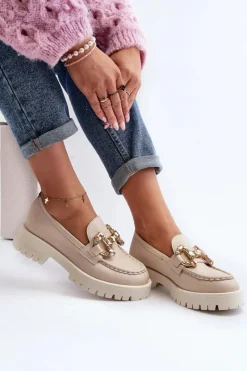 Clearance CheBello Damskie Skórzane Mokasyny Z Ozdobą 4369 Beżowe