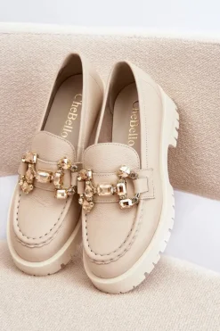 Clearance CheBello Damskie Skórzane Mokasyny Z Ozdobą 4369 Beżowe