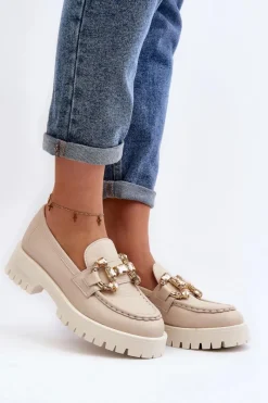 Clearance CheBello Damskie Skórzane Mokasyny Z Ozdobą 4369 Beżowe