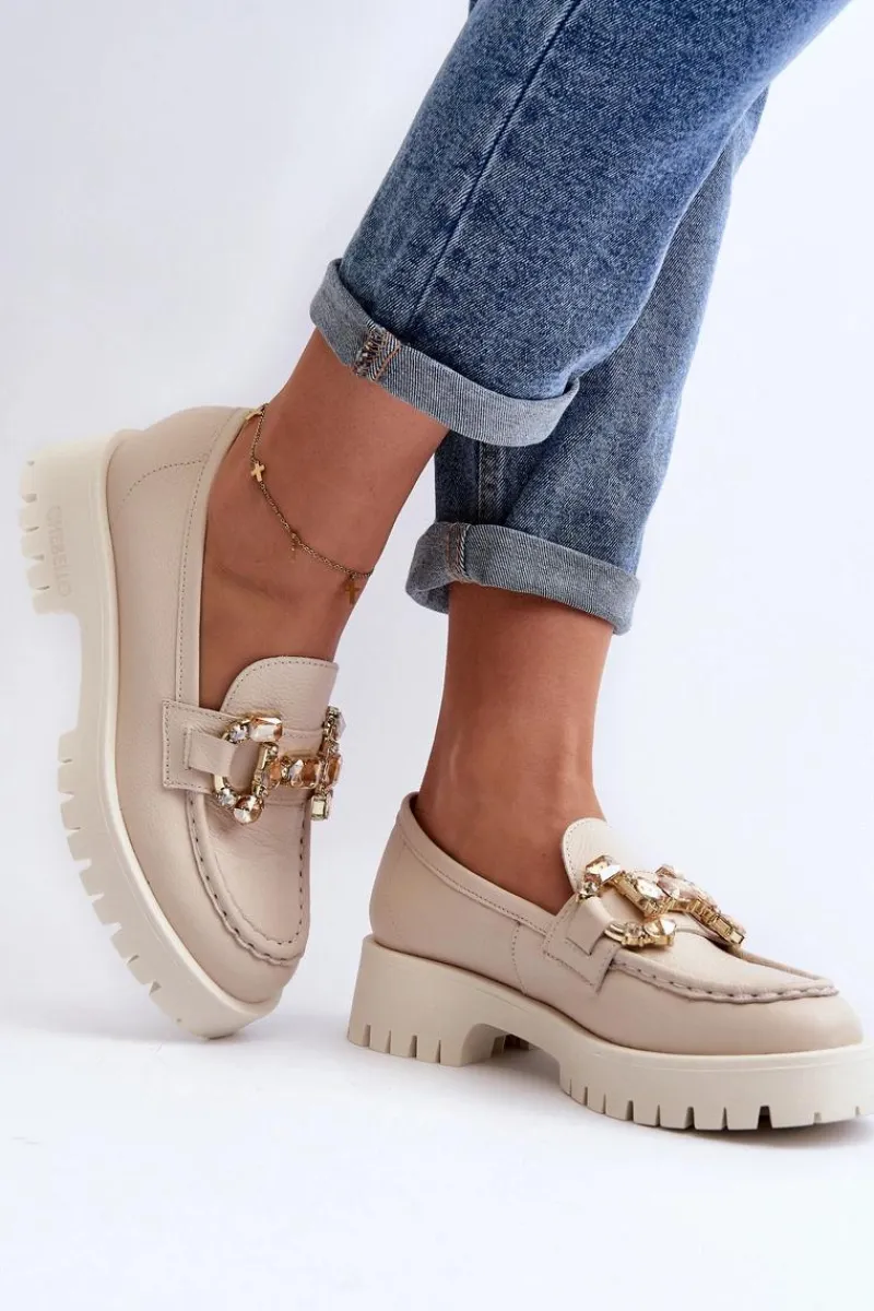 Clearance CheBello Damskie Skórzane Mokasyny Z Ozdobą 4369 Beżowe