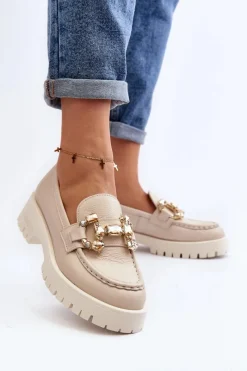 Clearance CheBello Damskie Skórzane Mokasyny Z Ozdobą 4369 Beżowe