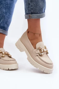 Clearance CheBello Damskie Skórzane Mokasyny Z Ozdobą 4369 Beżowe